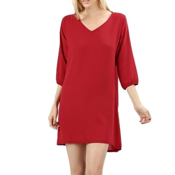 Zenana Outfitters Dresses & Skirts - ZENANA OUTFITTERS 3/4 SLEEVE WOVEN SHIFT DRESS RED